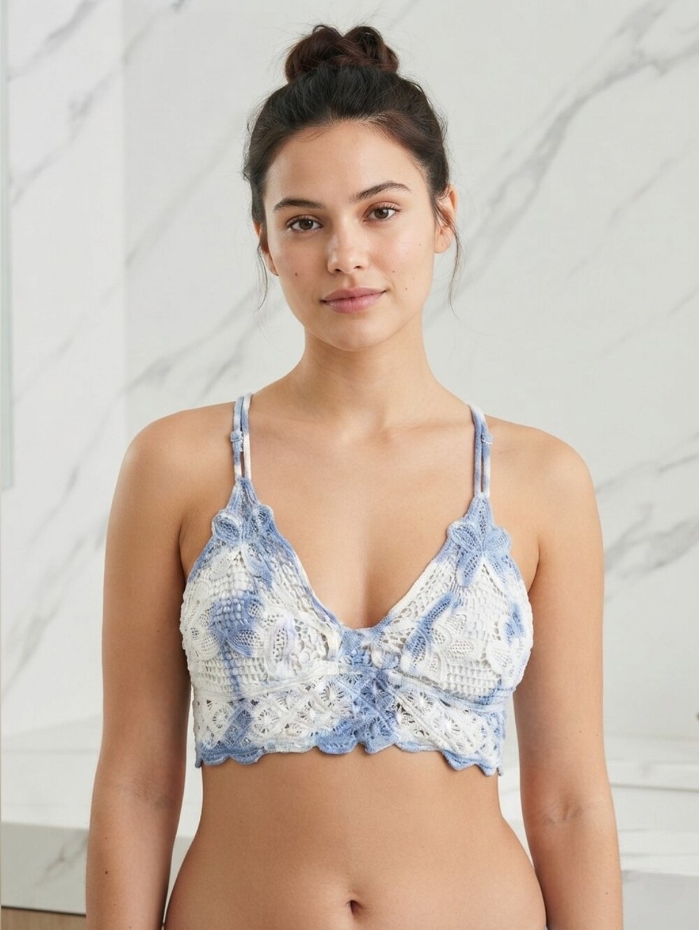 La Miel Blue White Crochet Lace Bralette Crop Top Boho Festival Size M